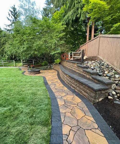 Installation of natural Grass, Retaining wall construction & Fire Pit in Lake Stevens 